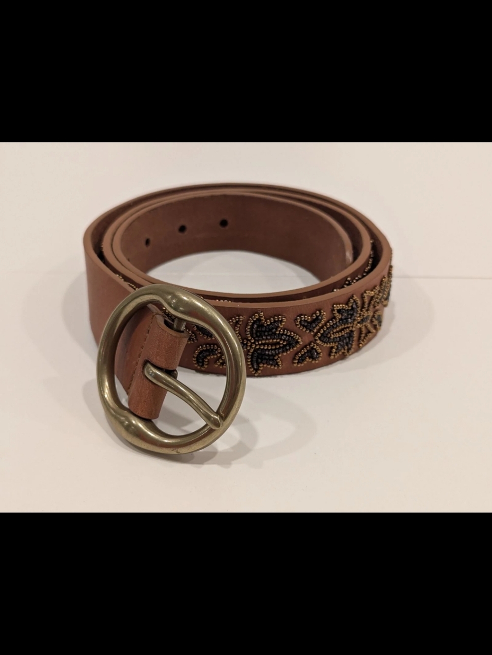 Lucky Brand Brown Leather Belt - Beaded Floral Detail -Rounded Golden Buckle NWT